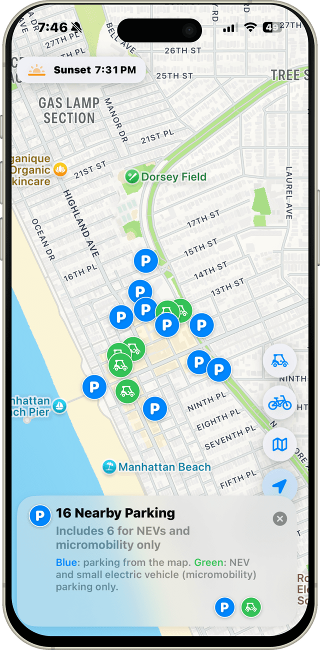 Maps nearby parking screen with NEV-only spaces
